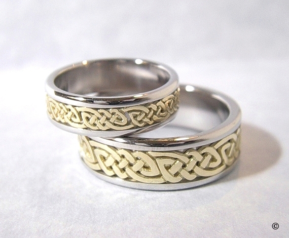 Celtic Bonding Knot Rings, Platinum Bands with Open Yellow Gold Celtic Knots